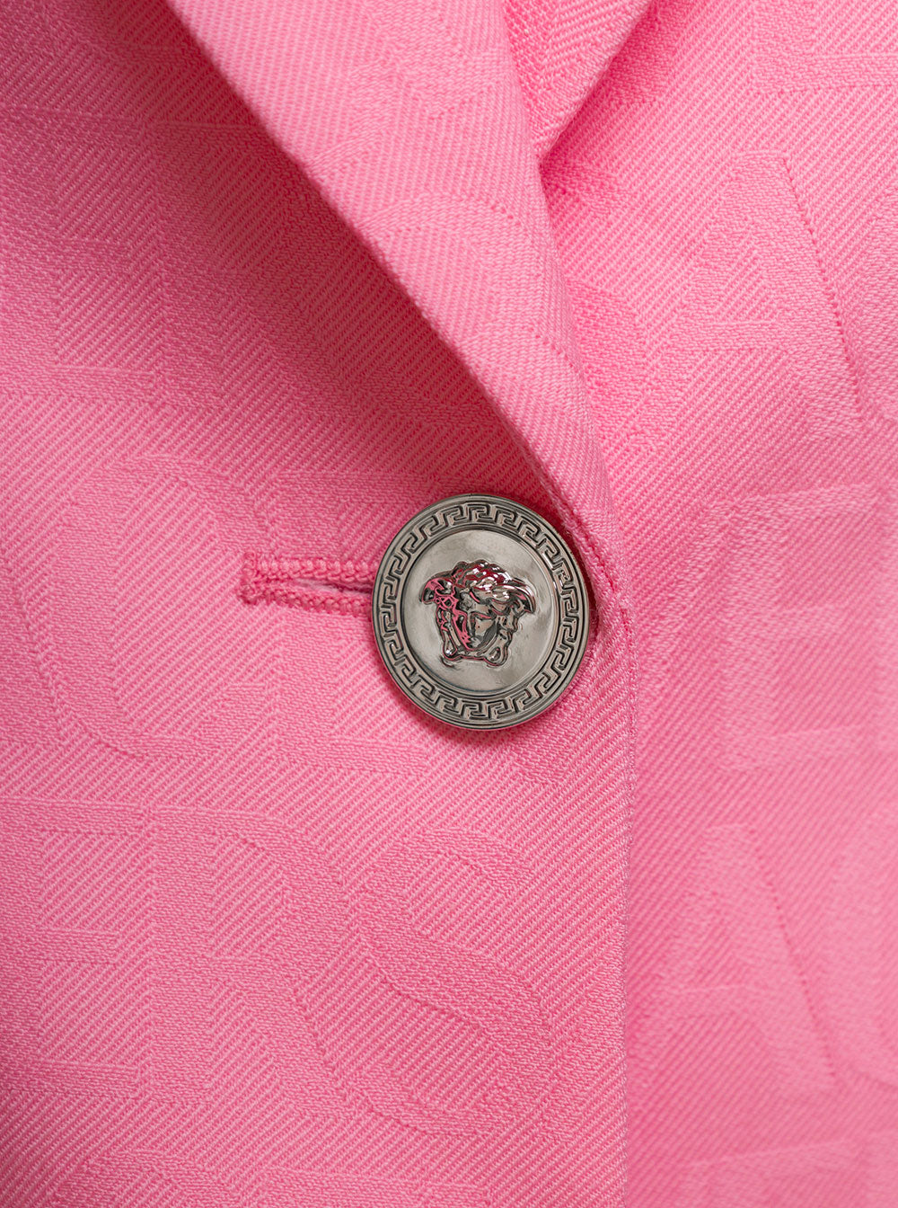 Versace Women Pink Single-Breasted Jacket With All-Over Tonal Logo Lettering Print In Wool Woman by Luosophy