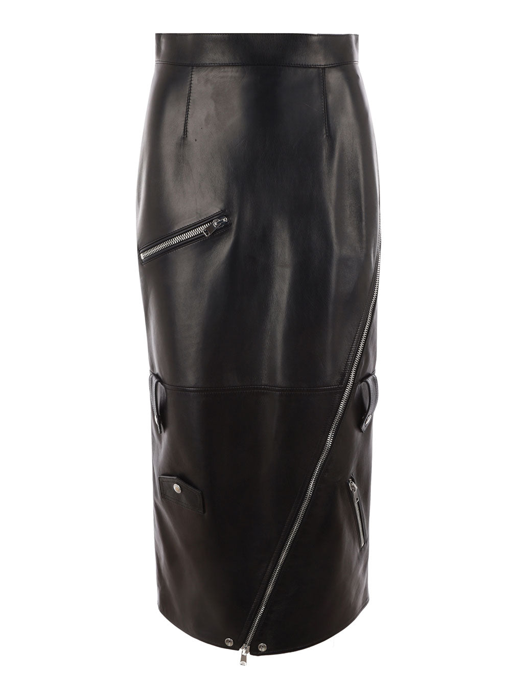 Alexander Mcqueen Women Long Black Skirt With Zip Embellishment In Smooth Leather Woman by Luosophy