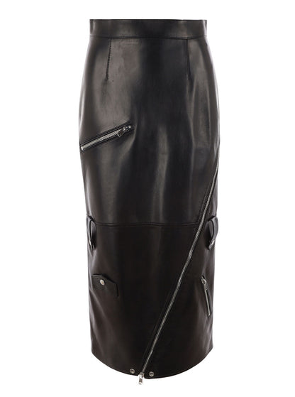 Alexander Mcqueen Women Long Black Skirt With Zip Embellishment In Smooth Leather Woman by Luosophy