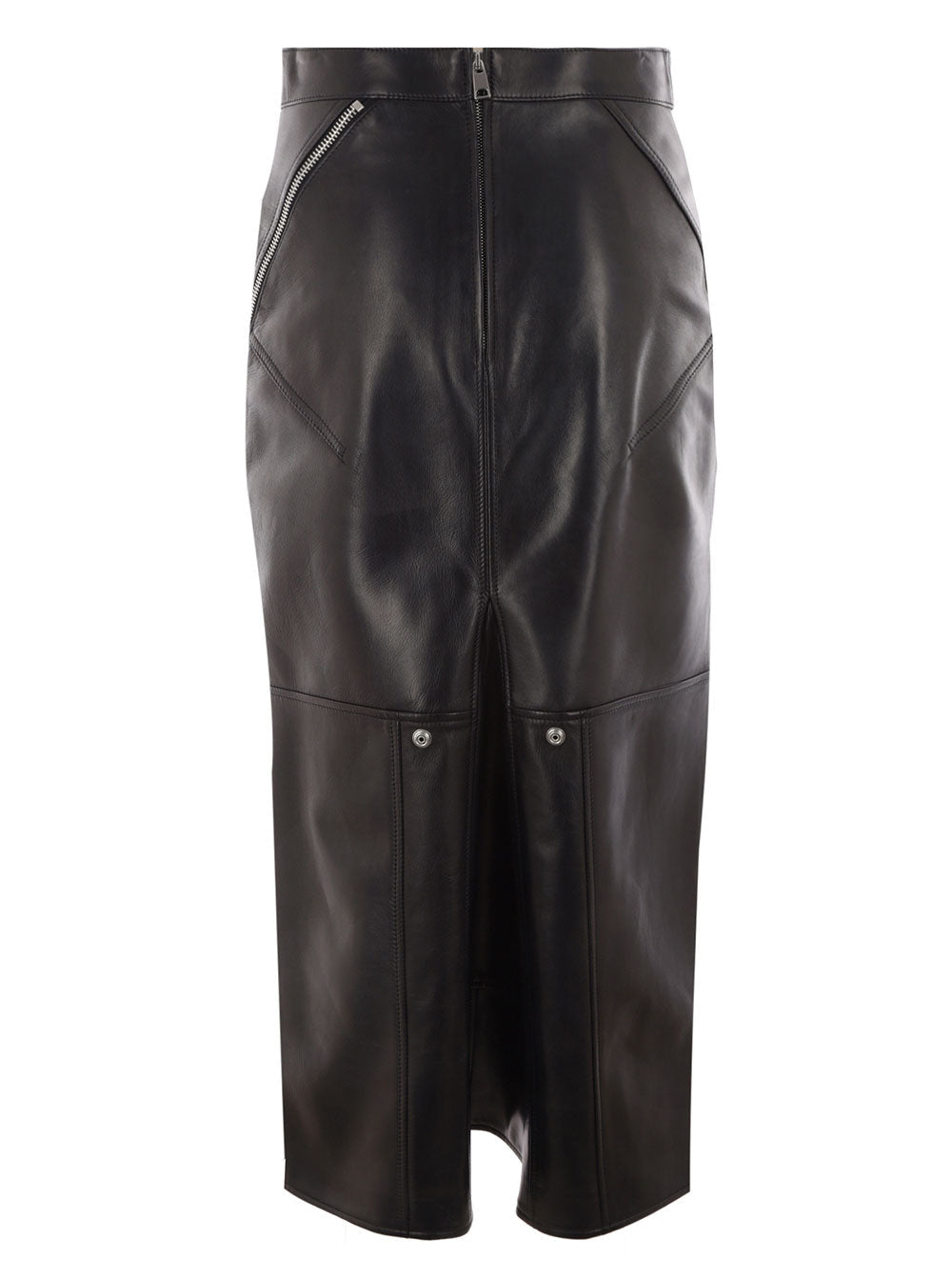 Alexander Mcqueen Women Long Black Skirt With Zip Embellishment In Smooth Leather Woman by Luosophy