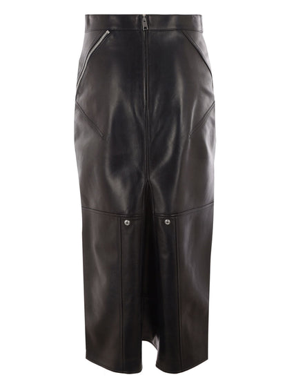 Alexander Mcqueen Women Long Black Skirt With Zip Embellishment In Smooth Leather Woman by Luosophy