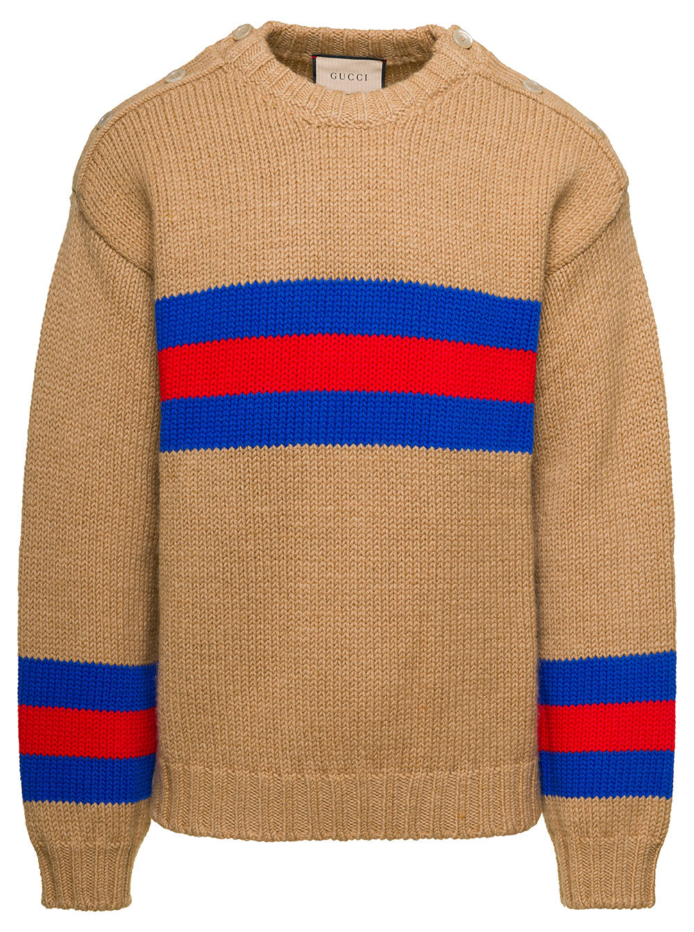 Gucci Men Camel Brown Crewneck Sweater With Web Intarsia In Wool And Mohair Man by Luosophy