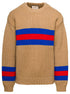 Gucci Men Camel Brown Crewneck Sweater With Web Intarsia In Wool And Mohair Man by Luosophy