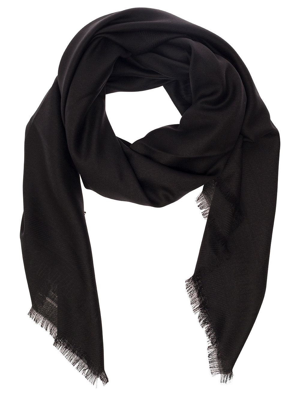 Saint Laurent Men Black Scarf With Jacquard Logo And Fringed Hem In Wool And Silk Man by Luosophy