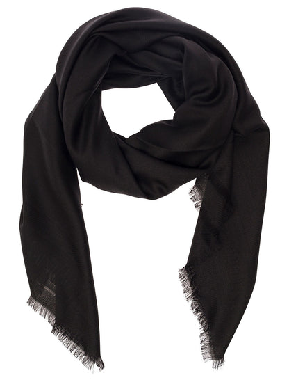 Saint Laurent Men Black Scarf With Jacquard Logo And Fringed Hem In Wool And Silk Man by Luosophy