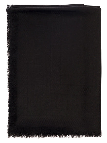 Saint Laurent Men Black Scarf With Jacquard Logo And Fringed Hem In Wool And Silk Man by Luosophy