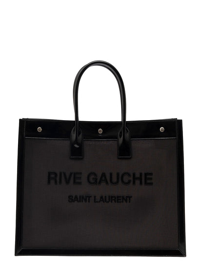 Saint Laurent Women Black Tote Bag With Tonal Rive Gauche Logo In Raphia Woman by Luosophy