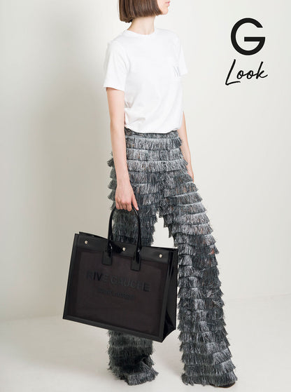 Saint Laurent Women Black Tote Bag With Tonal Rive Gauche Logo In Raphia Woman by Luosophy