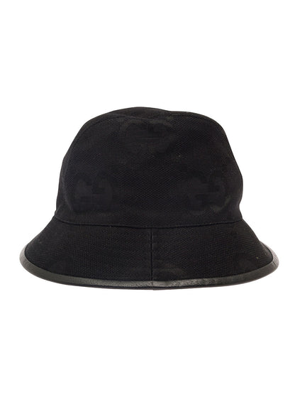 Gucci Men Black Bucket Hat With Leather Trimmings In Gg Jumbo Canvas Man by Luosophy