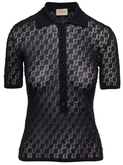 Gucci Women Black Polo Shirt With Button Closure And Gg Motif In Cotton And Silk Blend Woman by Luosophy