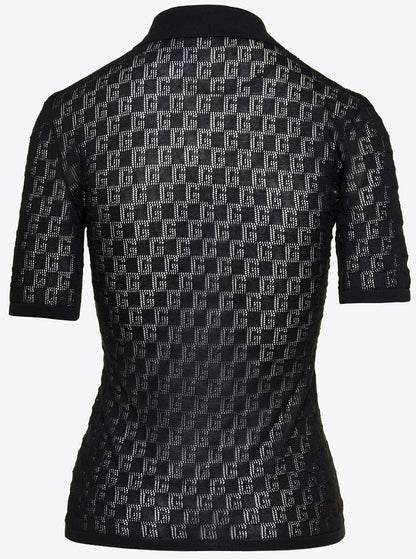 Gucci Women Black Polo Shirt With Button Closure And Gg Motif In Cotton And Silk Blend Woman by Luosophy