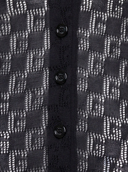 Gucci Women Black Polo Shirt With Button Closure And Gg Motif In Cotton And Silk Blend Woman by Luosophy