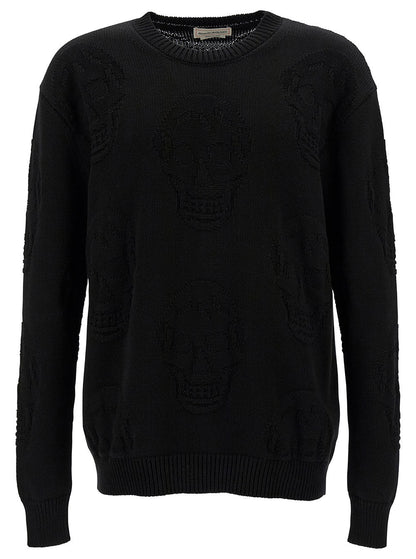 Alexander Mcqueen Men Black Sweater With Tonal Skull Embellishment In Cotton Man by Luosophy