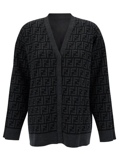 Fendi Women Black Reversible Cardigan With Jacquard Ff Motif In Knit Woman by Luosophy