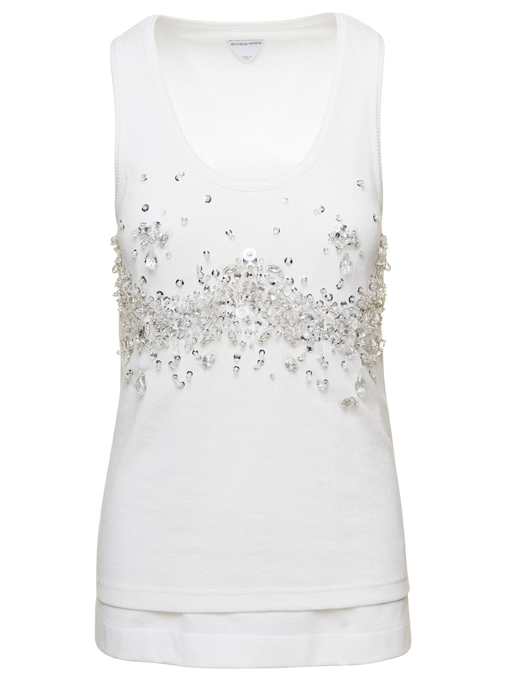 Bottega Veneta Women White Ribbed Tank Top With Embroidered Crystal Embellishment In Jersey Woman by Luosophy