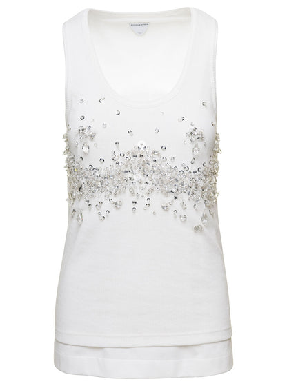 Bottega Veneta Women White Ribbed Tank Top With Embroidered Crystal Embellishment In Jersey Woman by Luosophy