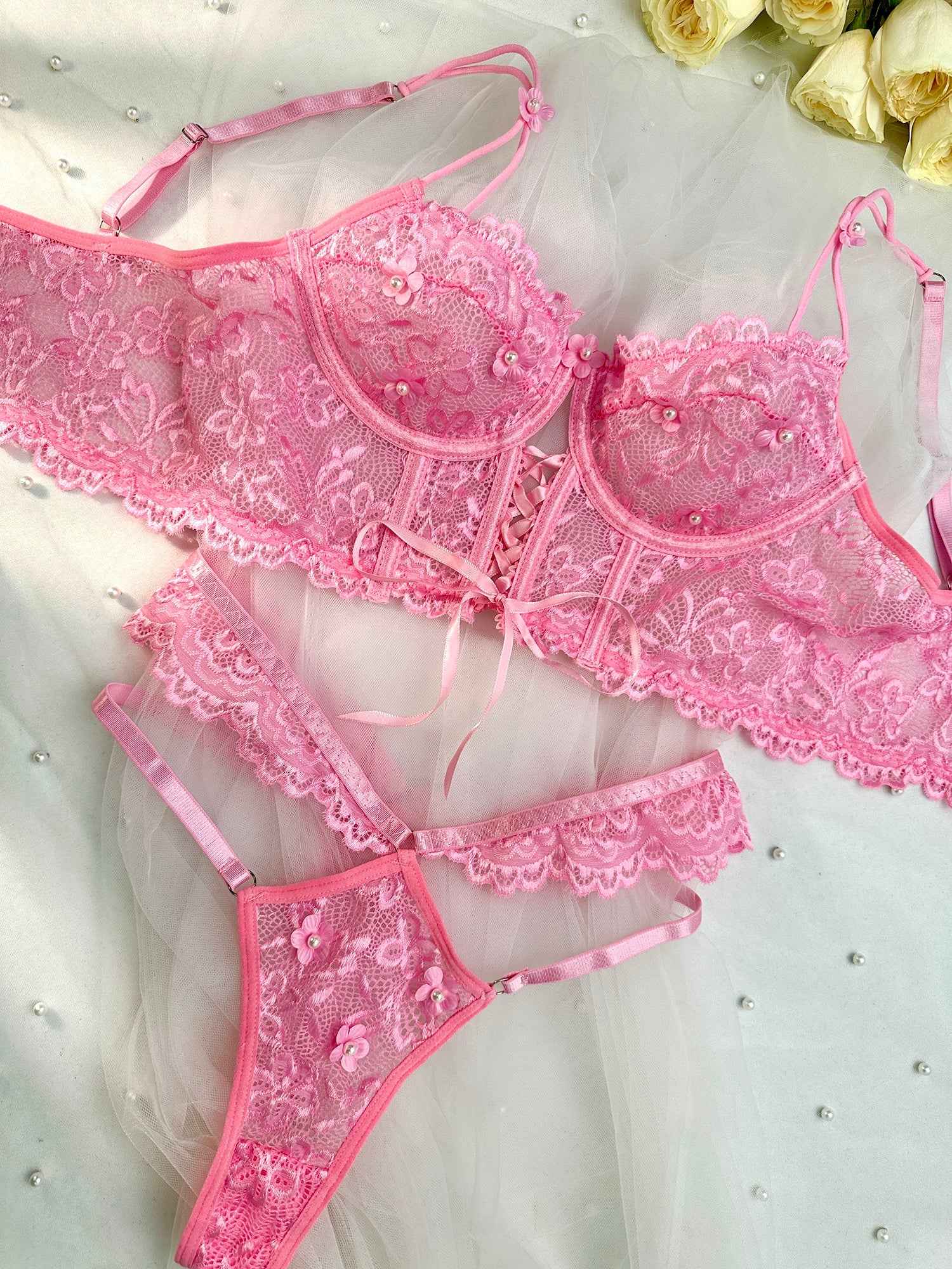 Pink Pearls Small Flower Lace Lingerie Set