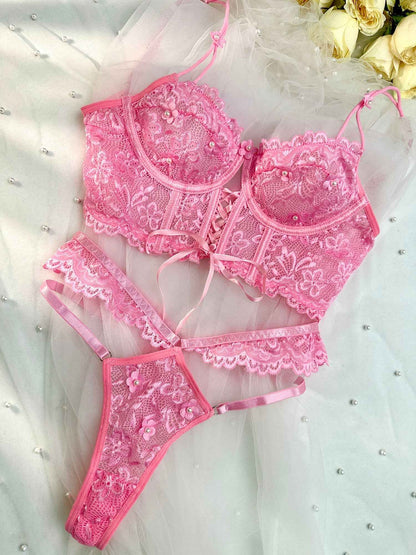 Pink Pearls Small Flower Lace Lingerie Set