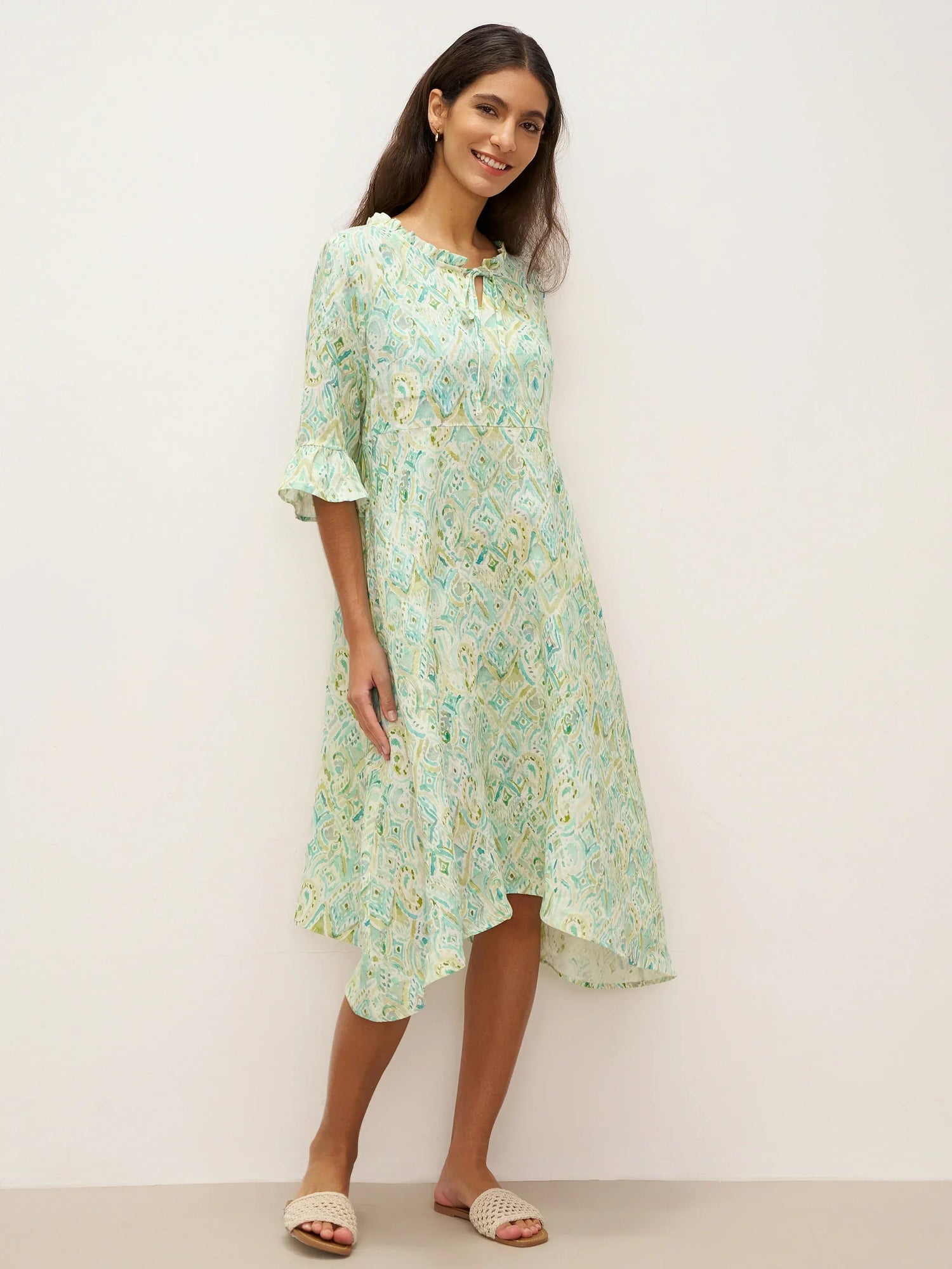 100% Linen A-Line Ruffled Collar Tie-Neck Midi Dress LIVIA by LINTICO