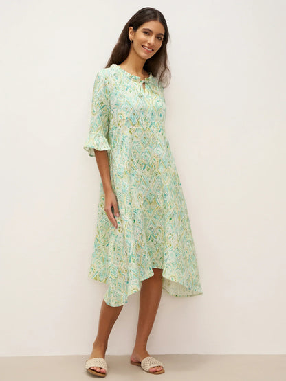 100% Linen A-Line Ruffled Collar Tie-Neck Midi Dress LIVIA by LINTICO