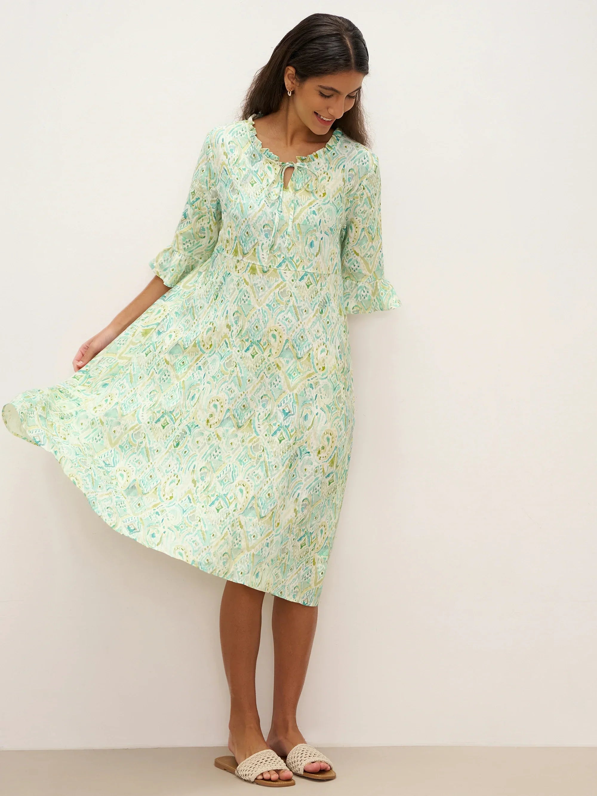 100% Linen A-Line Ruffled Collar Tie-Neck Midi Dress LIVIA by LINTICO