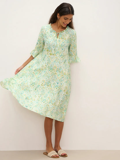 100% Linen A-Line Ruffled Collar Tie-Neck Midi Dress LIVIA by LINTICO