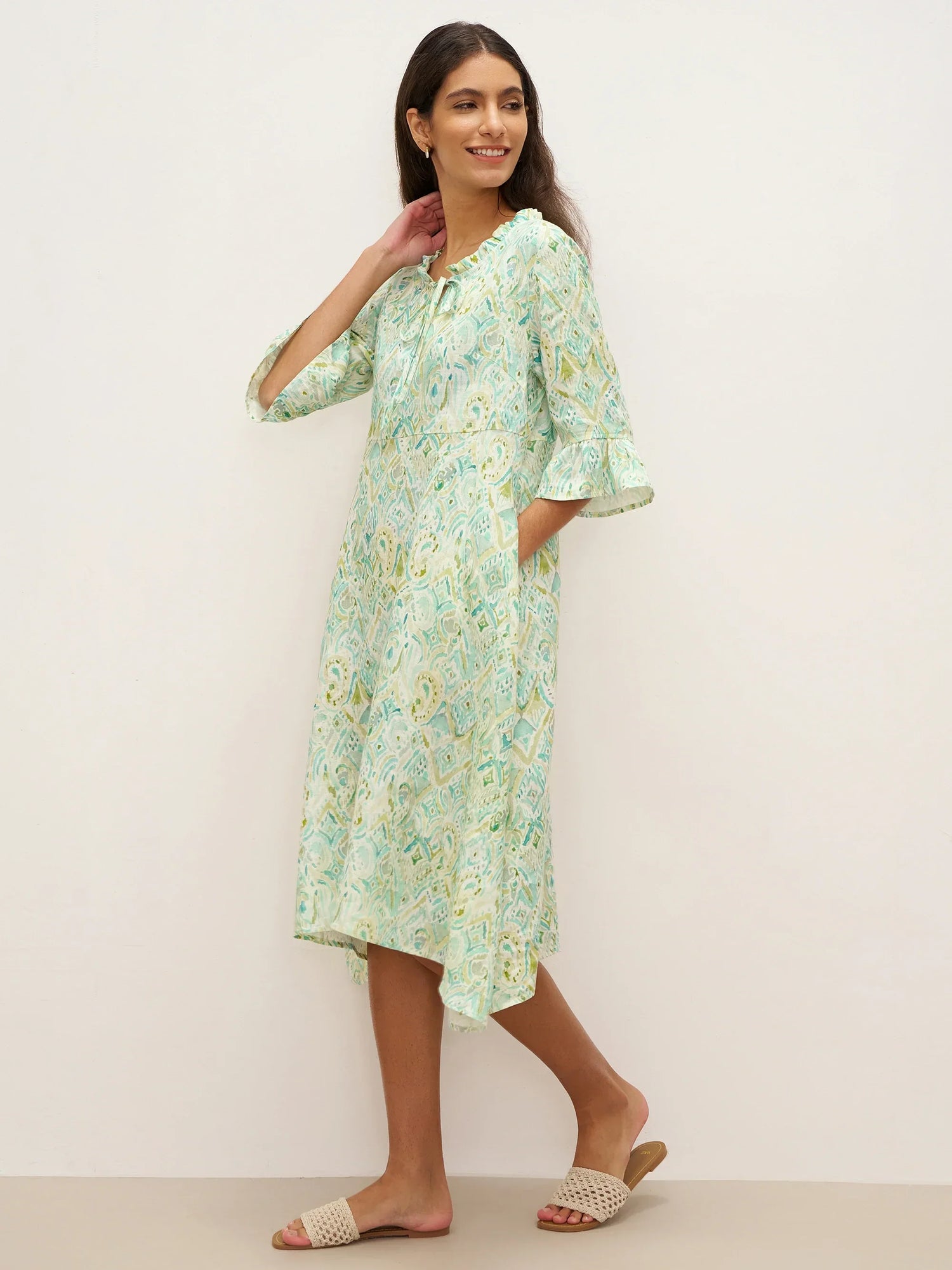 100% Linen A-Line Ruffled Collar Tie-Neck Midi Dress LIVIA by LINTICO