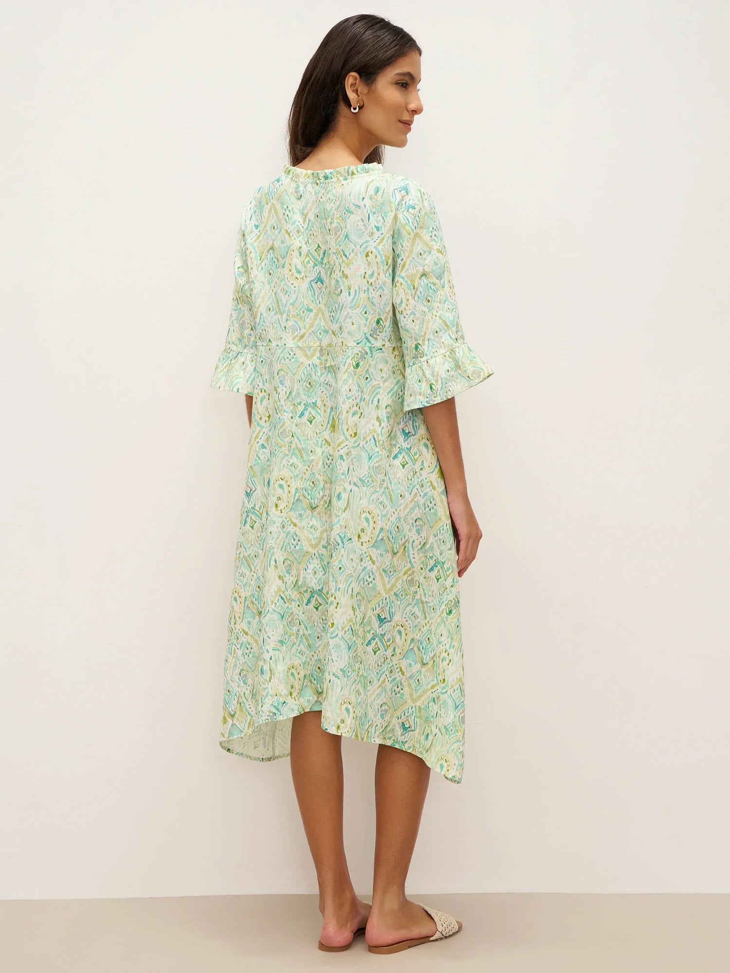 100% Linen A-Line Ruffled Collar Tie-Neck Midi Dress LIVIA by LINTICO