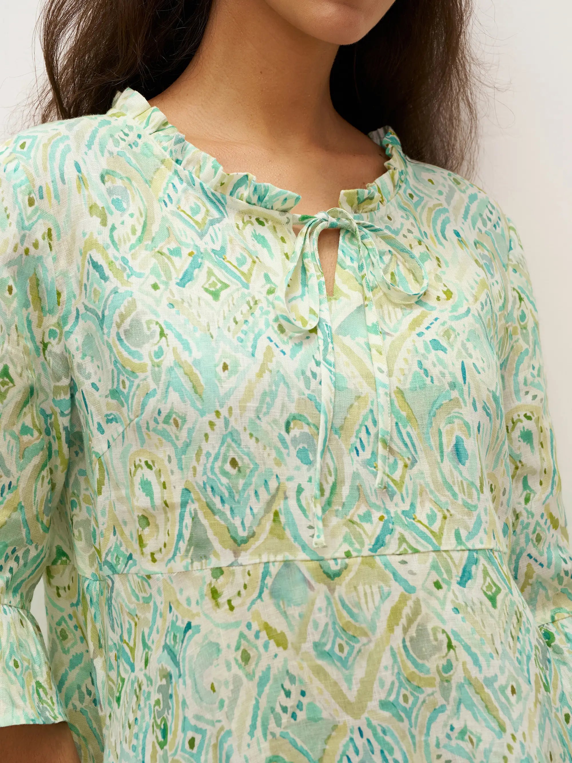 100% Linen A-Line Ruffled Collar Tie-Neck Midi Dress LIVIA by LINTICO