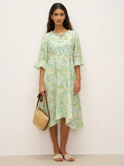 100% Linen A-Line Ruffled Collar Tie-Neck Midi Dress LIVIA by LINTICO