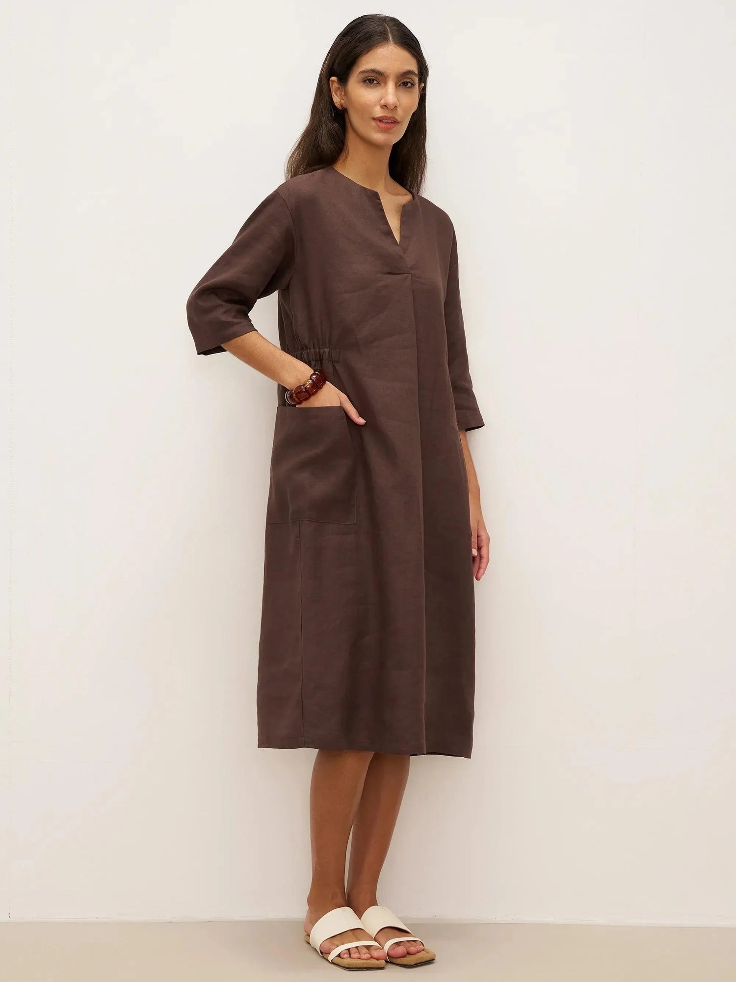 100% Linen V-neck Bell Pocket Midi Dress EVELINA by LINTICO