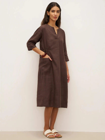 100% Linen V-neck Bell Pocket Midi Dress EVELINA by LINTICO