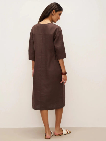 100% Linen V-neck Bell Pocket Midi Dress EVELINA by LINTICO