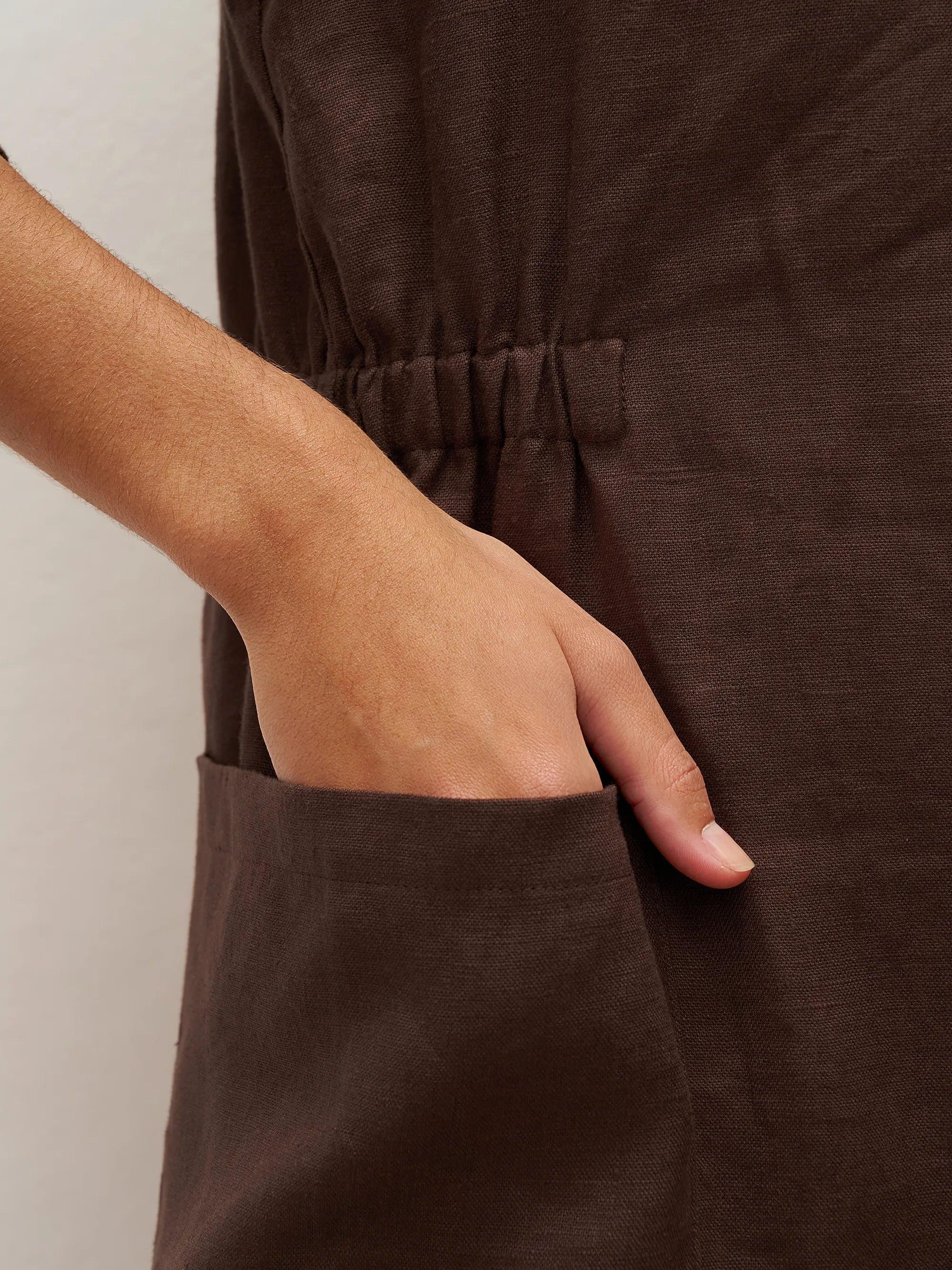 100% Linen V-neck Bell Pocket Midi Dress EVELINA by LINTICO