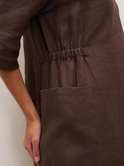 100% Linen V-neck Bell Pocket Midi Dress EVELINA by LINTICO