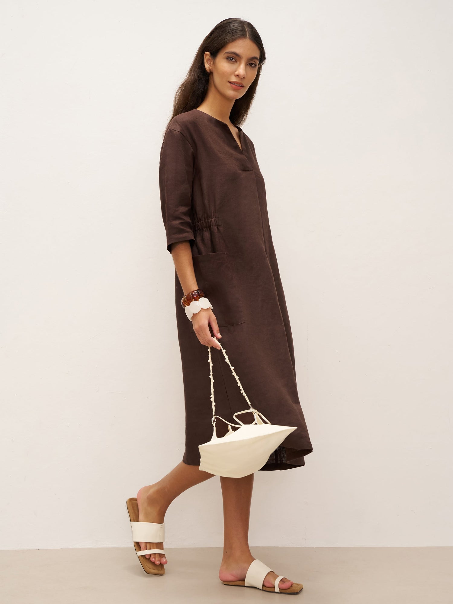 100% Linen V-neck Bell Pocket Midi Dress EVELINA by LINTICO