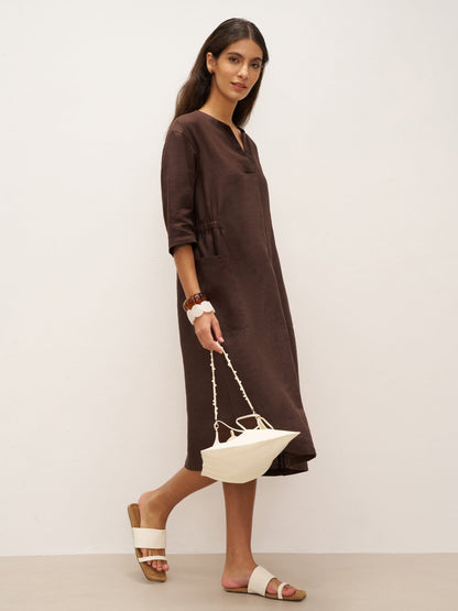 100% Linen V-neck Bell Pocket Midi Dress EVELINA by LINTICO