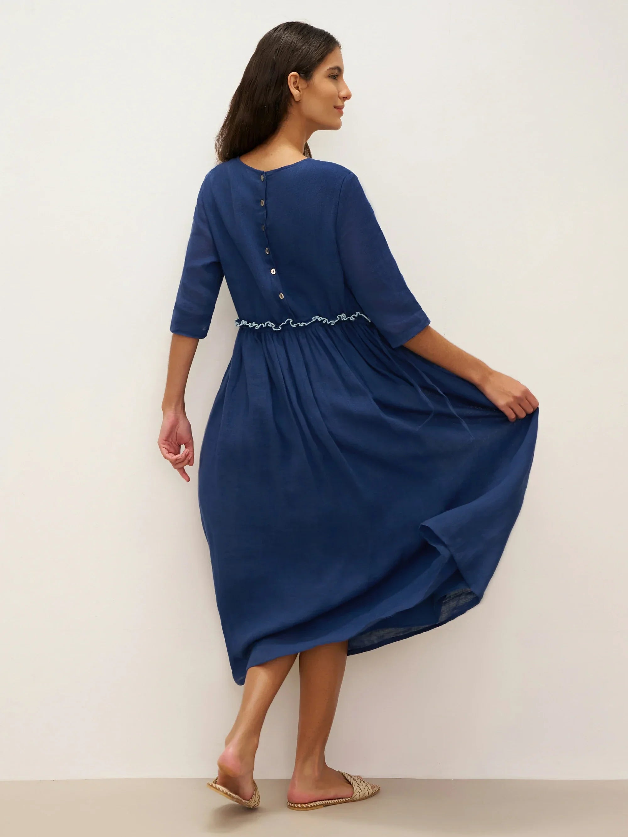 100% Linen Petal-Waist Drawstring Midi Dress JASMINE by LINTICO