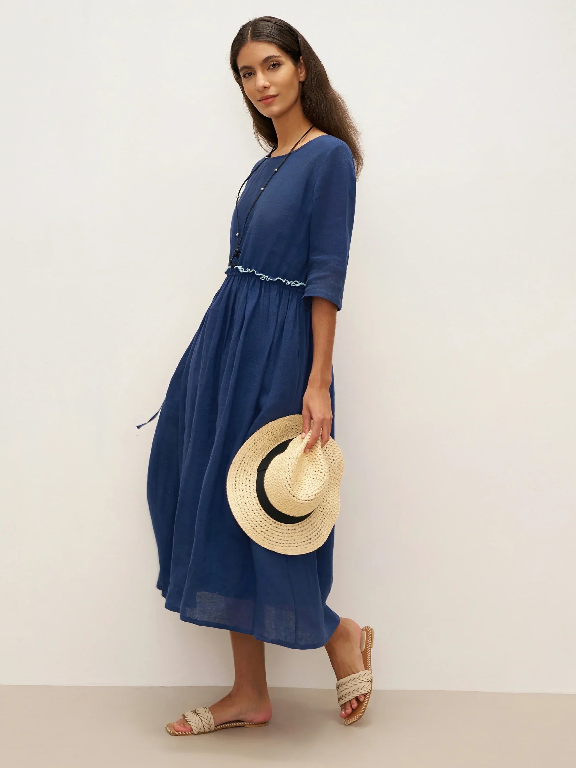 100% Linen Petal-Waist Drawstring Midi Dress JASMINE by LINTICO