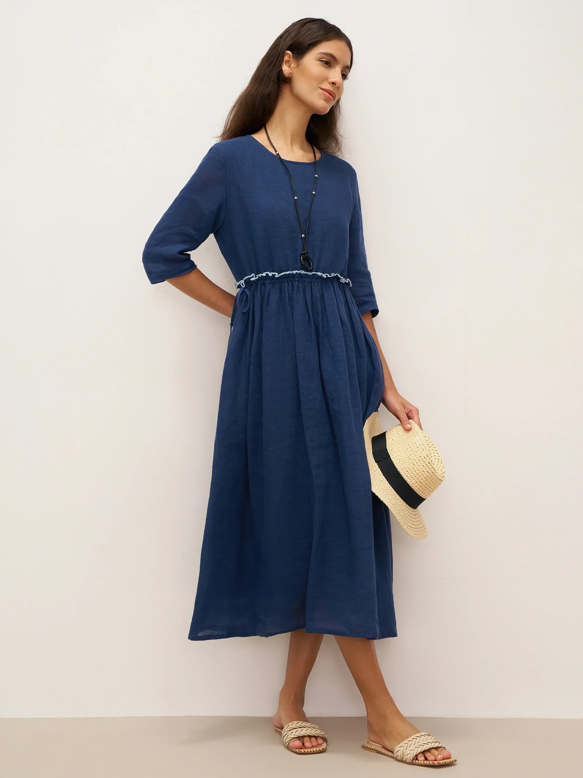 100% Linen Petal-Waist Drawstring Midi Dress JASMINE by LINTICO