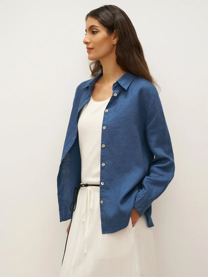 100% Linen Button-Front Shirt with Extended Hem JOVAN by LINTICO