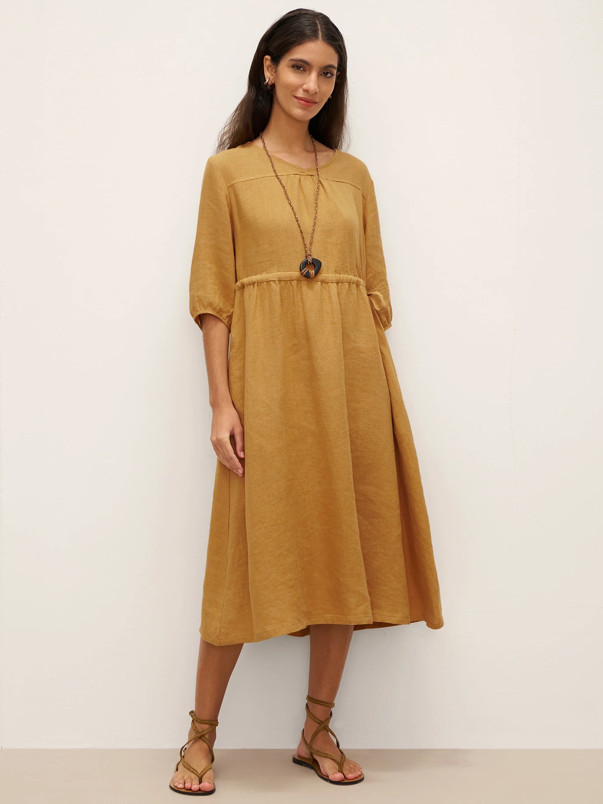 100% Linen A-Line Drawstring Waist Midi Dress DIXIE by LINTICO