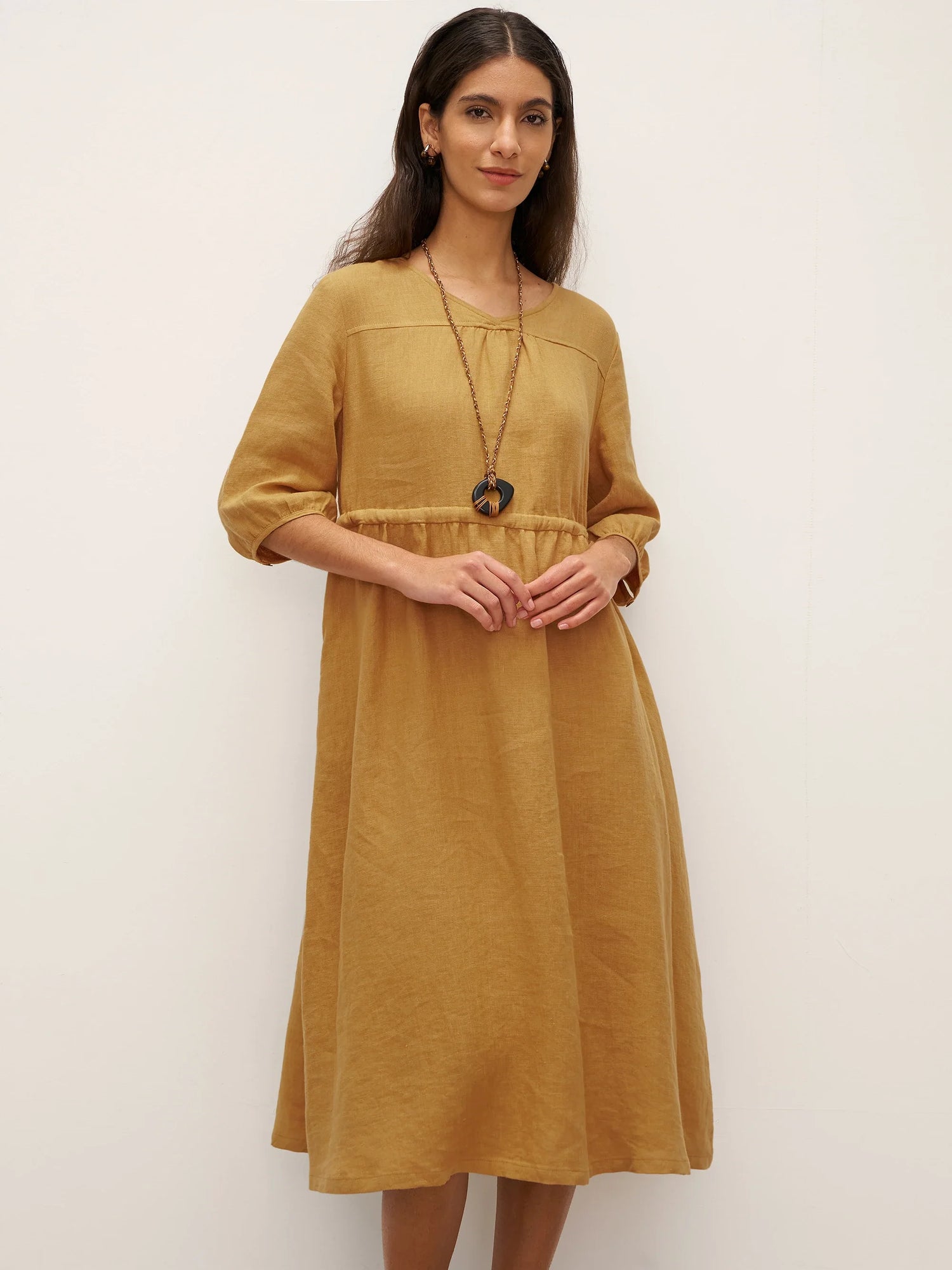 100% Linen A-Line Drawstring Waist Midi Dress DIXIE by LINTICO