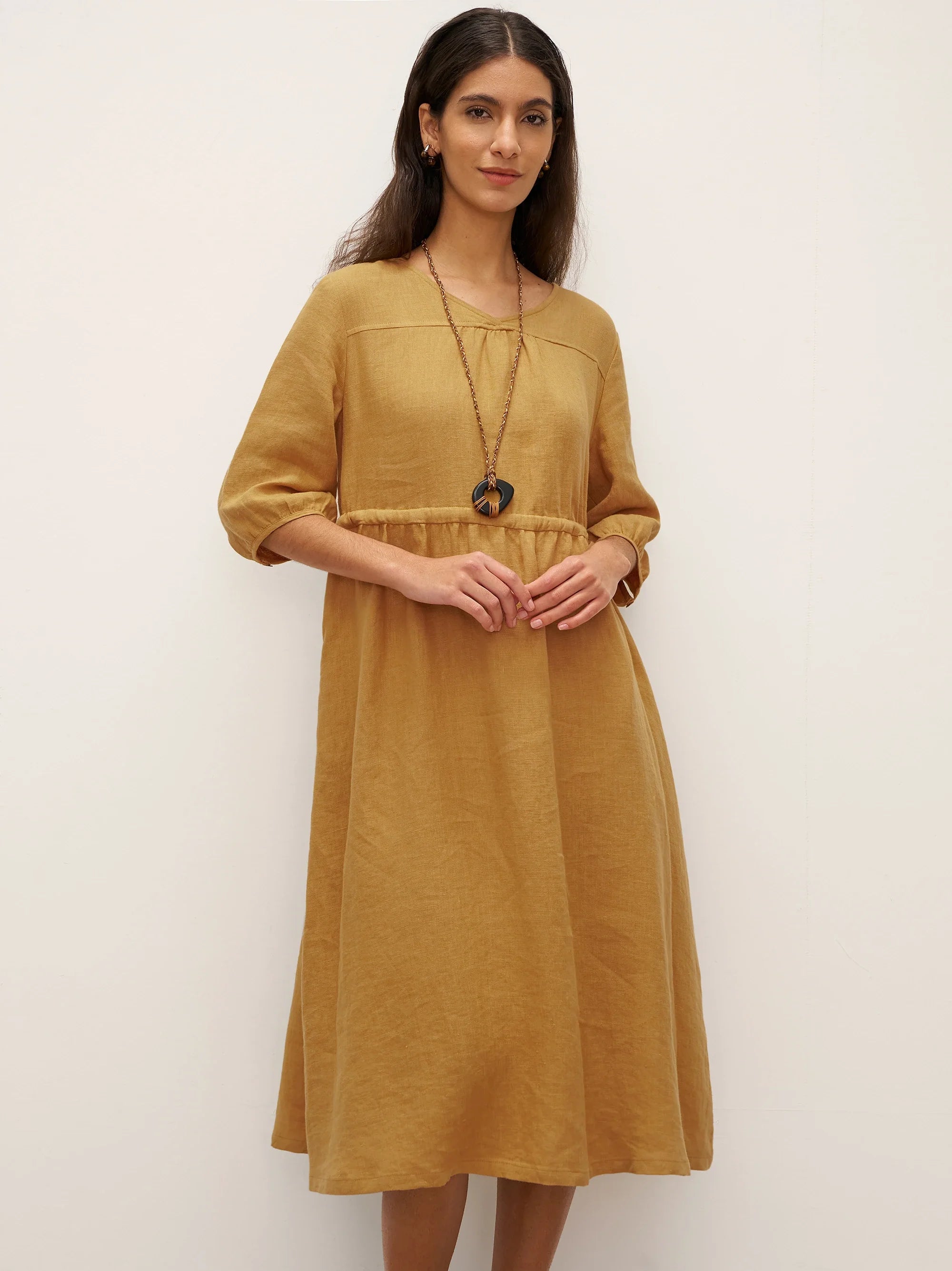 100% Linen A-Line Drawstring Waist Midi Dress DIXIE by LINTICO