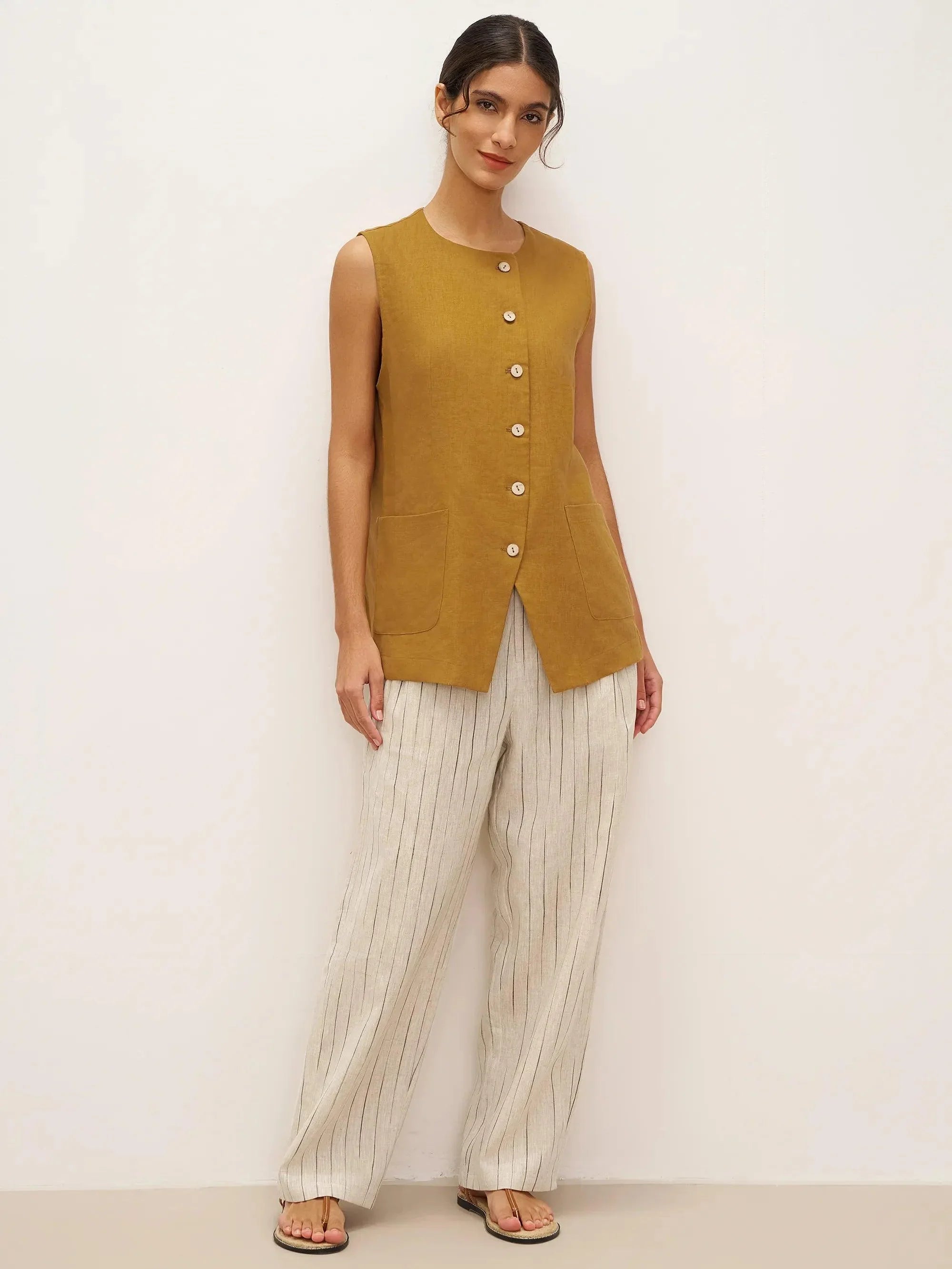 100% Linen Arc-Placket Button-Front Vest ELFRIDA by LINTICO