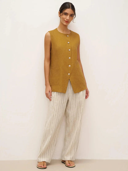 100% Linen Arc-Placket Button-Front Vest ELFRIDA by LINTICO
