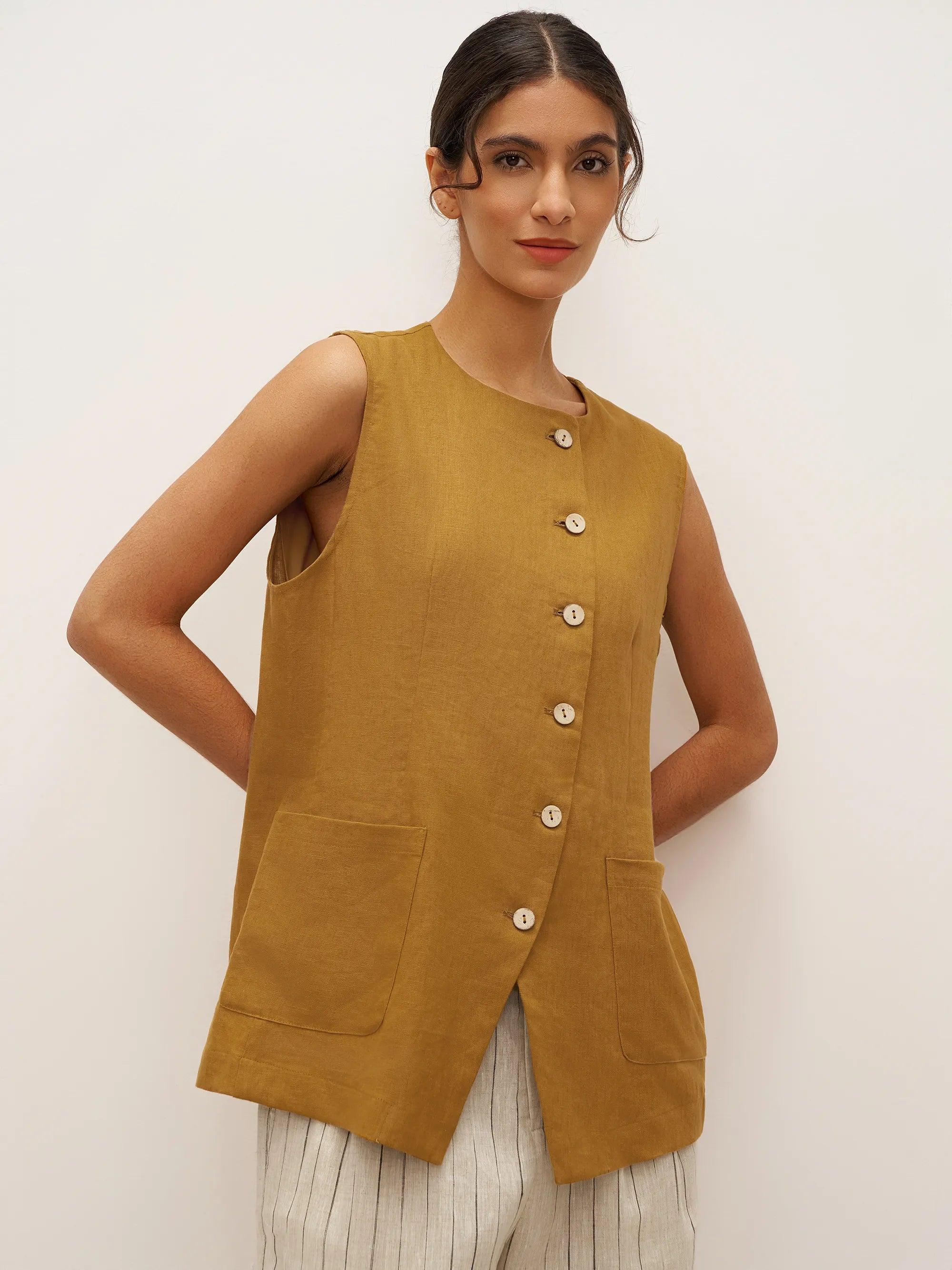100% Linen Arc-Placket Button-Front Vest ELFRIDA by LINTICO