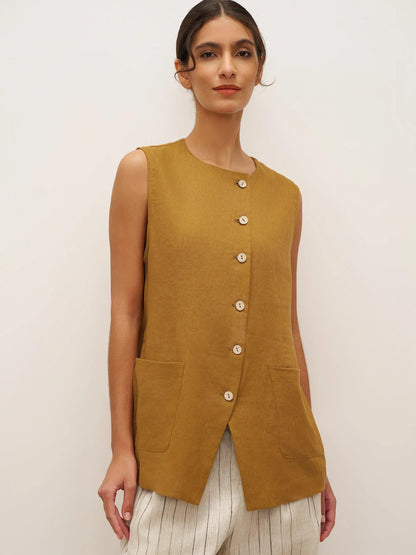 100% Linen Arc-Placket Button-Front Vest ELFRIDA by LINTICO