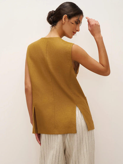 100% Linen Arc-Placket Button-Front Vest ELFRIDA by LINTICO
