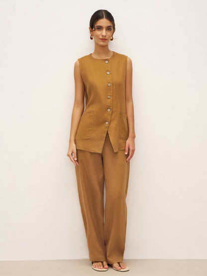 100% Linen Arc-Placket Button-Front Vest ELFRIDA by LINTICO